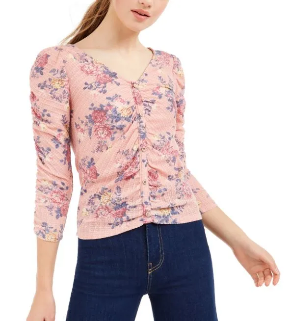 Crave Fame Junior's Ruched Floral Top Pink Size Large sold by Ruumur