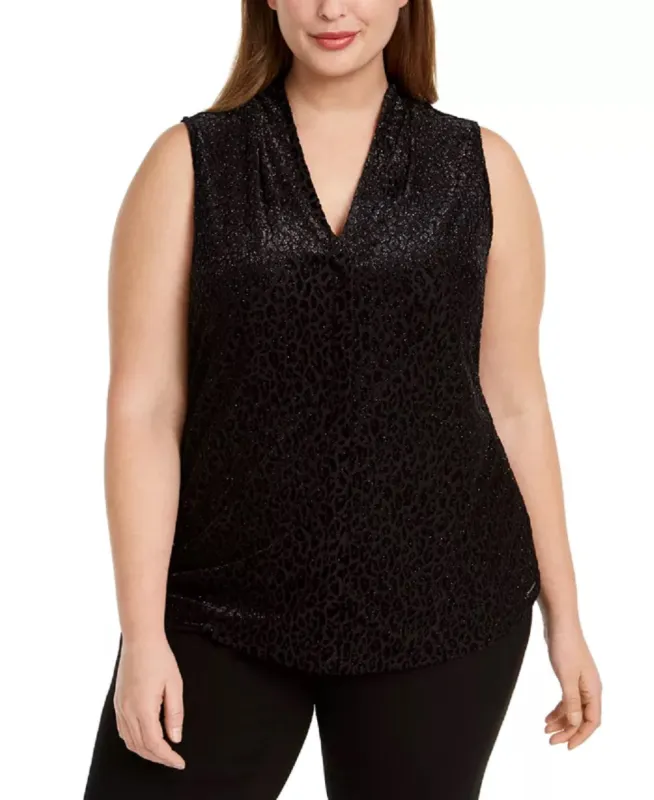 Calvin Klein Women's Glitter Animal Print Sleeveless V Neck Blouse Wear To Work Top Black Size 3X made by Calvin Klein