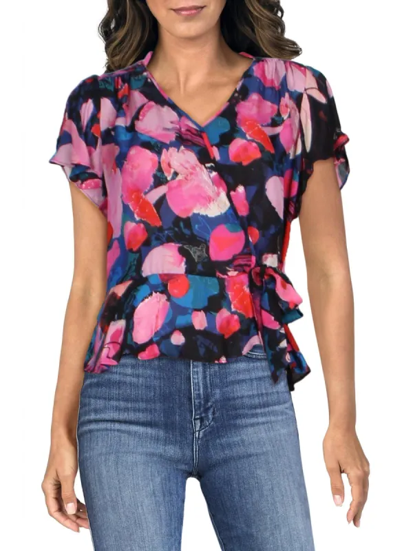 Parker Women's Sheer Tie Printed Short Sleeve V Neck Top Pink Size Small sold by Ruumur