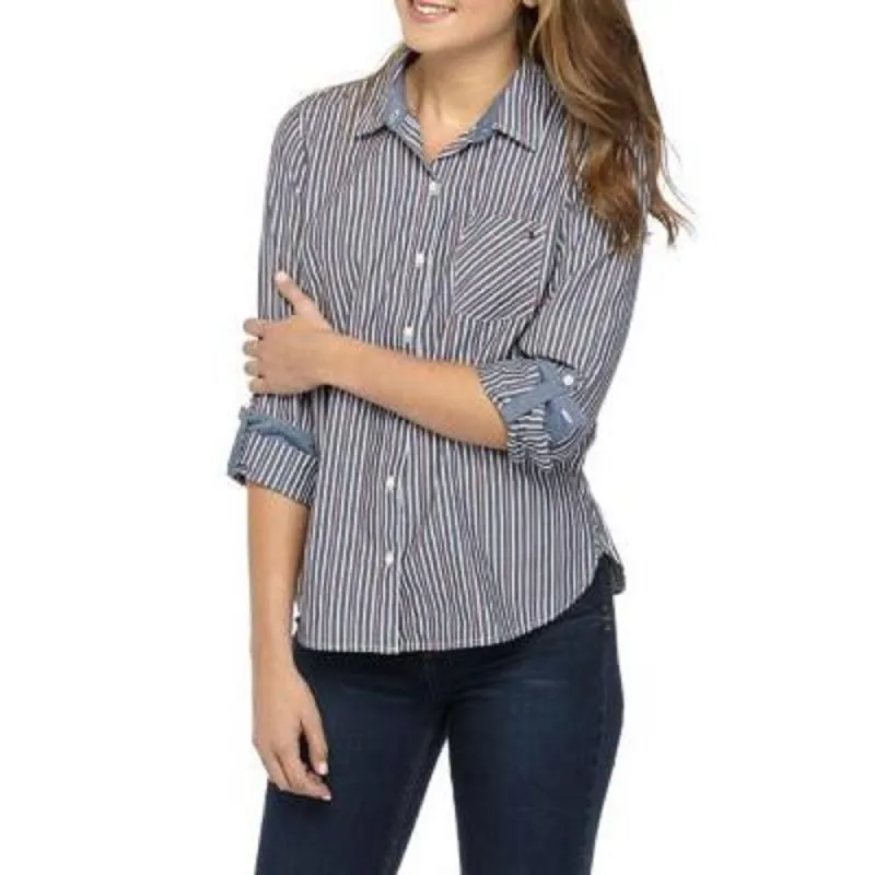 Tommy Hilfiger Women's Blue Pocketed Striped Long Sleeve Button Up Wear To Work Top All Blue Size Small sold by Ruumur