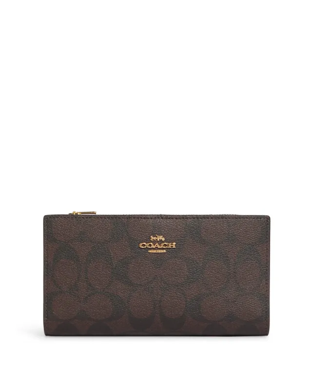 Coach Women's Brown & Black Slim Zip Wallet In Signature Canvas sold by Ruumur