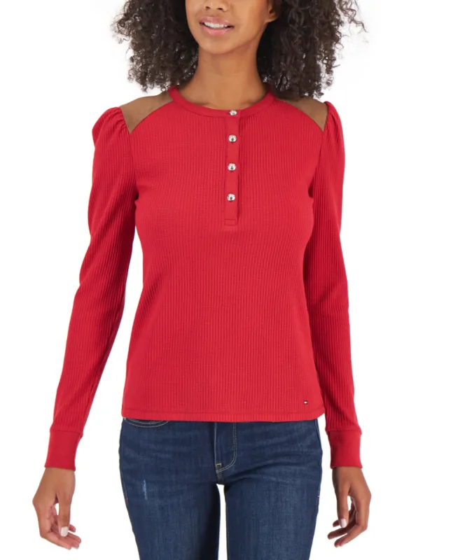 Tommy Hilfiger Women's Faux Suede Trim Henley Top Red made by Ruumur