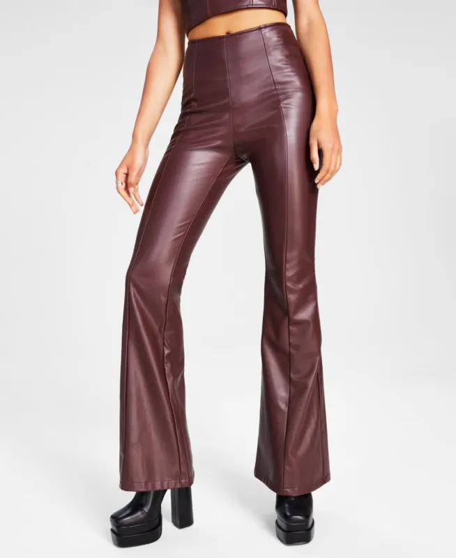 GUESS Women's Sabella Flared Leg Faux Leather High Rise Pants Brown Size 24 sold by Ruumur