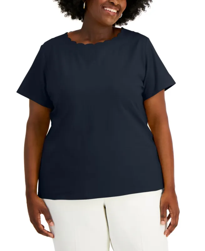 Anne Klein Women's Scalloped T-Shirt Blue Size 1X sold by Ruumur