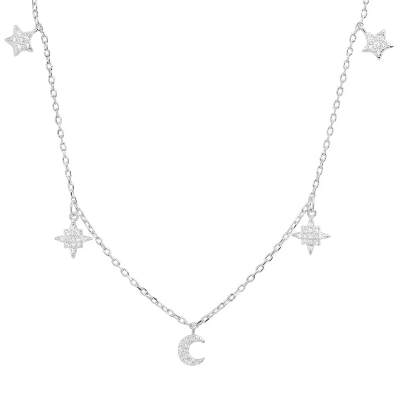 Sterling Silver Dangling CZ Celestial Charm Necklace sold by Ruumur