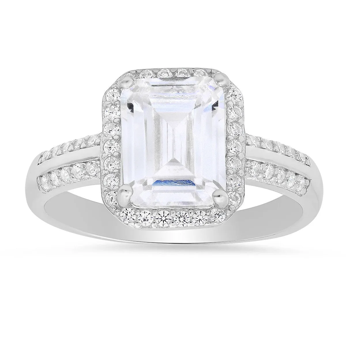Sterling Silver Emerald-cut Halo CZ Ring sold by Ruumur