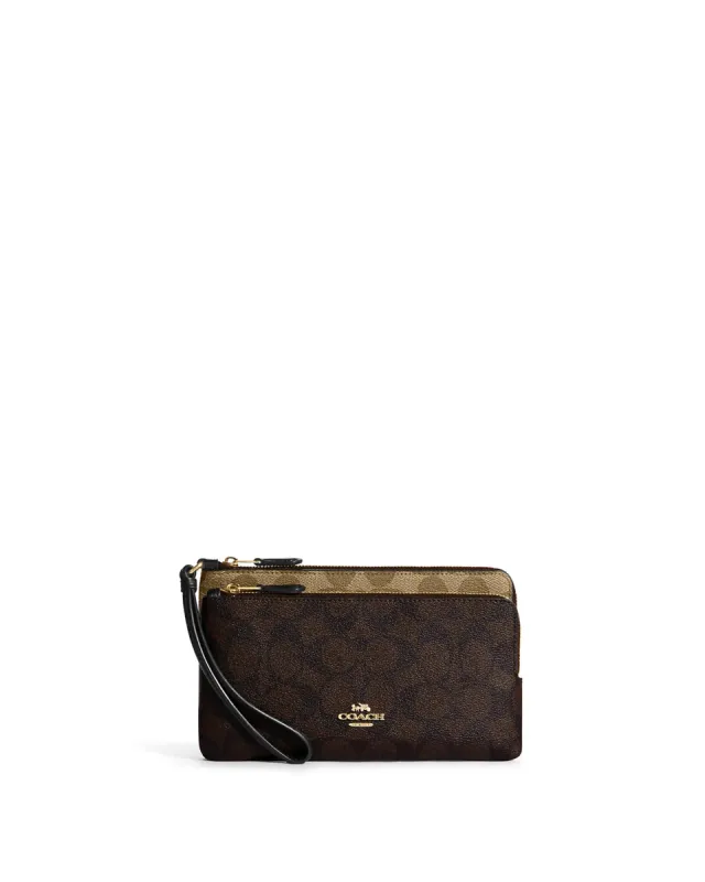 Coach Women's Khaki & Brown Multi Double Zip Wallet In Blocked Signature Canvas sold by Ruumur