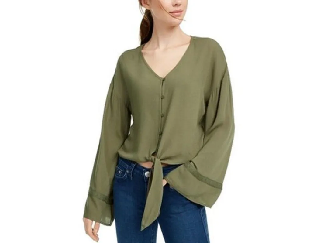 Freshman Juniors Women's Flare-Sleeved Tie-Waist Blouse Green Size Extra Large sold by Ruumur