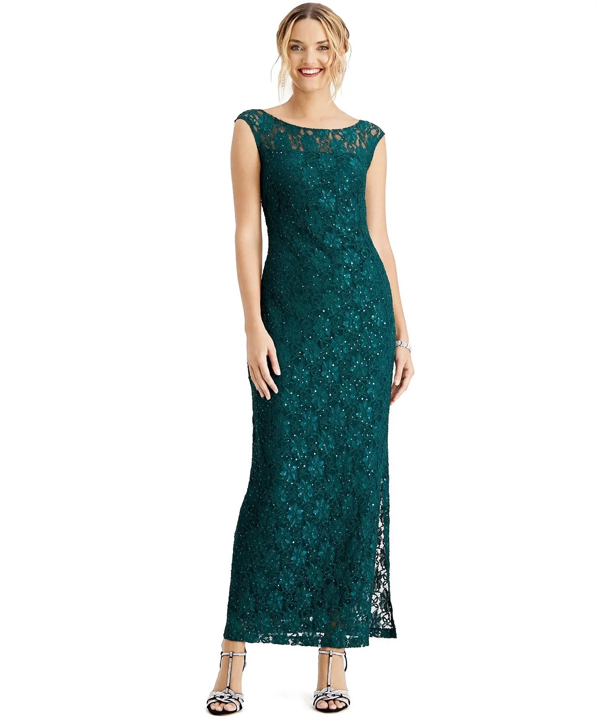 Connected Women's Embroidered Rhinestone Slit Floral Sleeveless Cowl Neck Maxi Sheath Evening Dress Green Size 6 sold by Ruumur