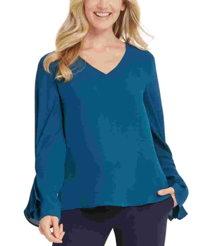 DKNY Women's Ruffled Cuff Top Blue Size Petite L sold by Ruumur
