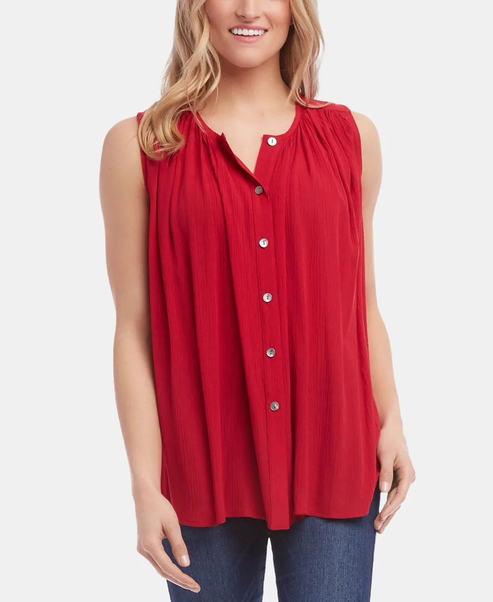 Karen Kane Women's Ruched Sleeveless Button-Down Top Red Size Small sold by Ruumur