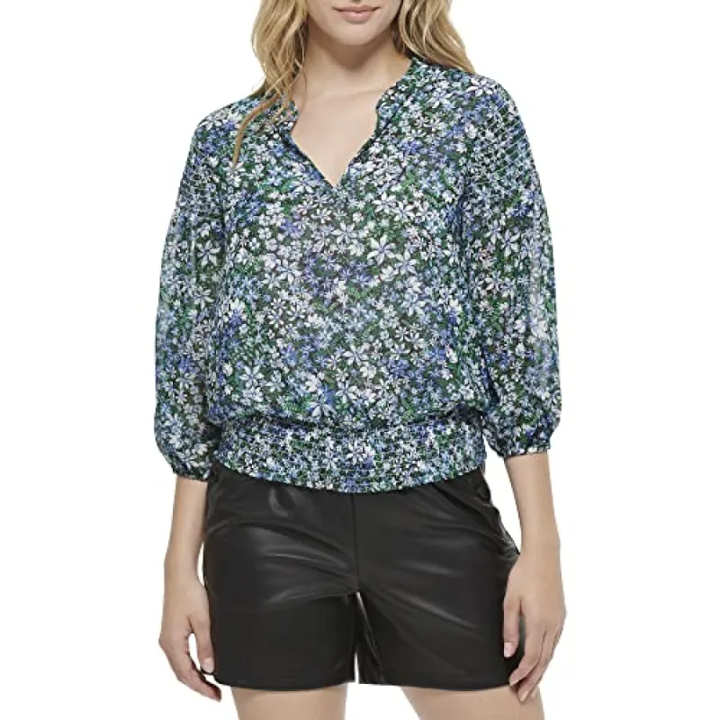 Karl Lagerfeld Paris Women's Floral Print Smocked Blouse Blue made by Ruumur