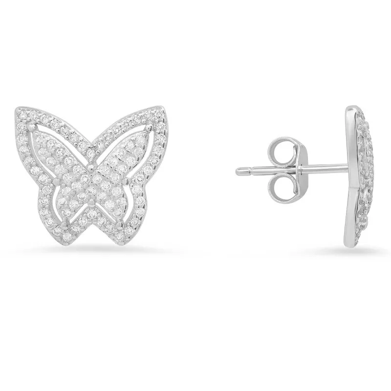 Sterling Silver Pave Butterfly CZ Stud Earrings sold by Ruumur