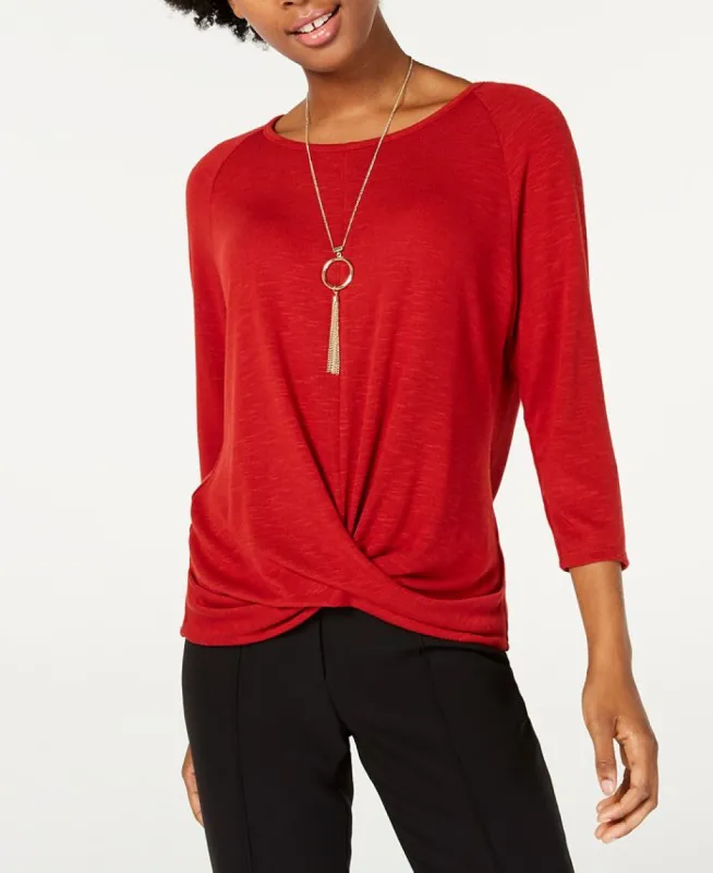 BCX Women's Stretch Twist hem with Necklace 3/4 Sleeve Top Red Size Large sold by Ruumur