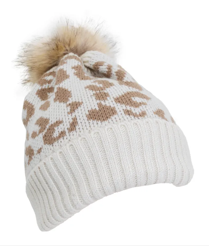 Rebecca and Rifka Leopard Print Pom Pom Beanie(BW-116-IVLEO) sold by Ruumur