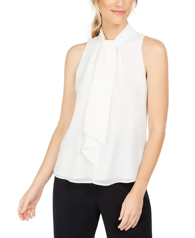 Calvin Klein Women's Tie-Neck Sleeveless Blouse White Size Extra Small sold by Ruumur