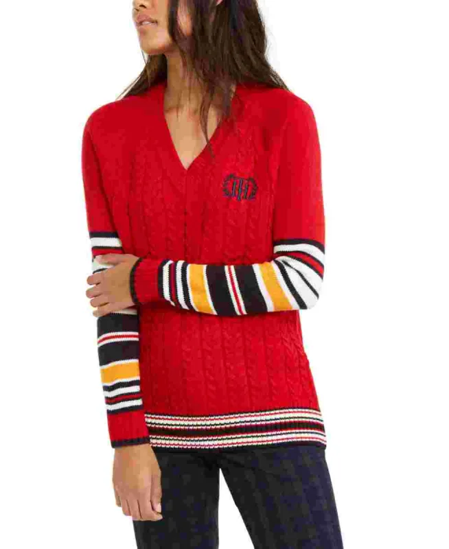 Tommy Hilfiger Women's Varsity Stripe Cable Knit Sweater Red Size X-Large sold by Ruumur