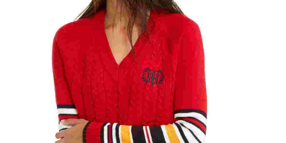 Tommy Hilfiger Women's Varsity Stripe Cable Knit Sweater Red Size X-Large sold by Ruumur product image thumbnail 2