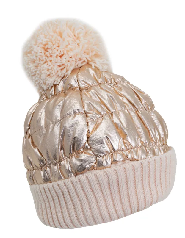 Rebecca and Rifka Puffer Pompom Beanie (BW-108-ROSEGOLD) sold by Ruumur