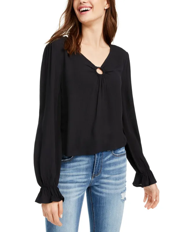 Freshman Juniors Women's Ring-Detail Textured Top Black Size Extra Small sold by Ruumur