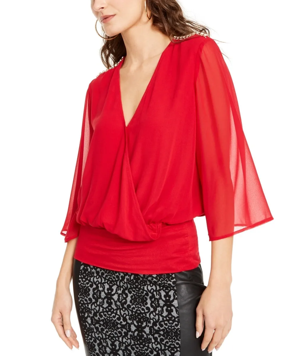 Thalia Sodi Women's Sheer-Sleeve Embellished Top Bright Red Size Small sold by Ruumur