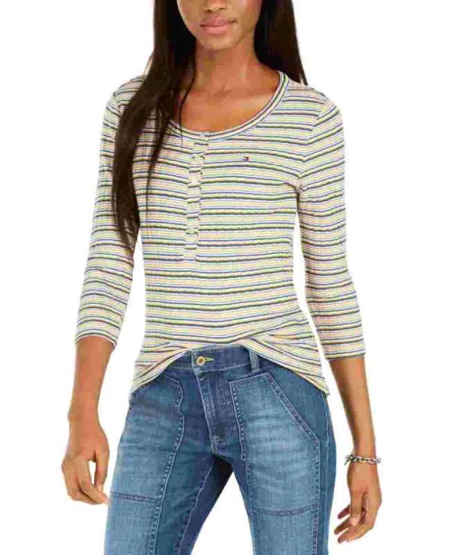 Tommy Hilfiger Women's Striped Snap Front Henley Top Yellow Size XX-Large sold by Ruumur