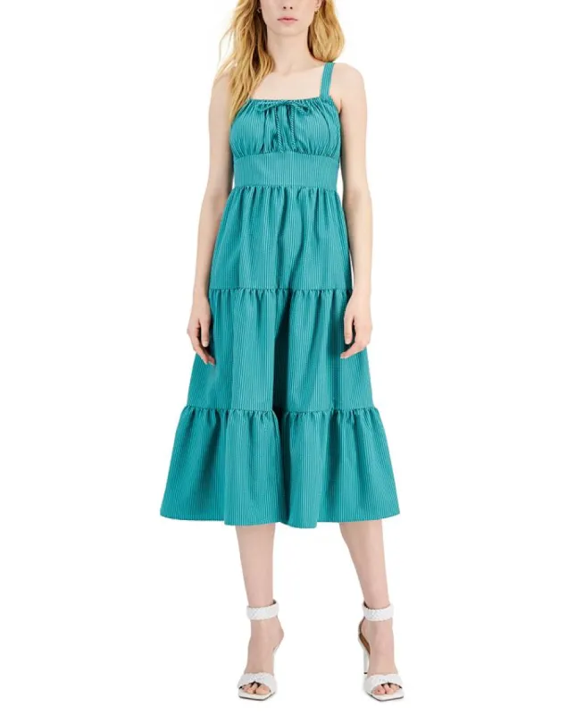 INC International Concepts Women's Smocked Adjustable Pullover Tiered Striped Sleeveless Square Neck Midi Fit Flare Dress Green Size 10 sold by Ruumur