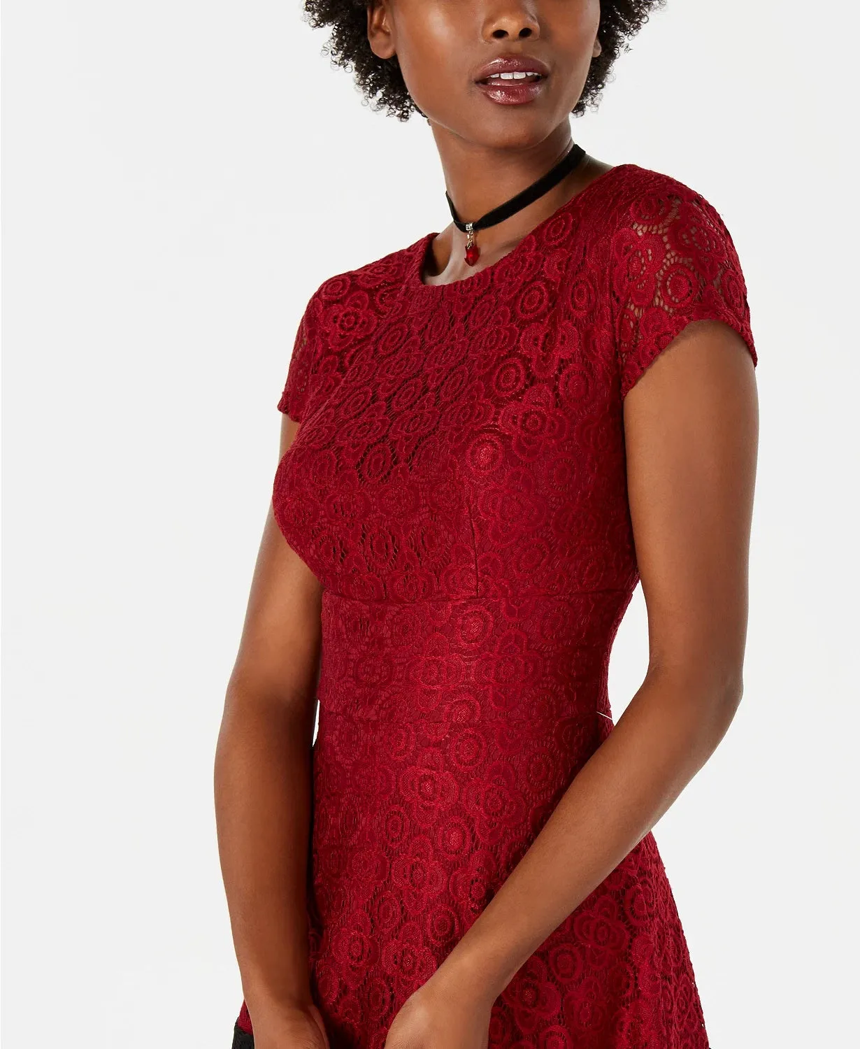 Teeze Me Women's Lace Zippered Short Sleeve Jewel Neck Mini Fit Flare Dress Red Size 1 sold by Ruumur product image thumbnail 3