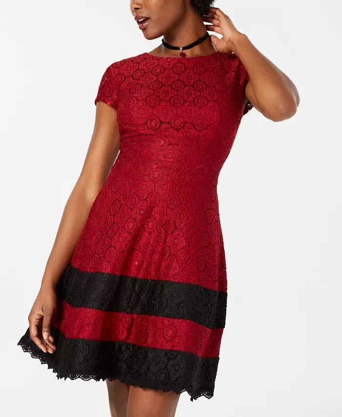 Teeze Me Women's Lace Zippered Short Sleeve Jewel Neck Mini Fit Flare Dress Red Size 1 sold by Ruumur