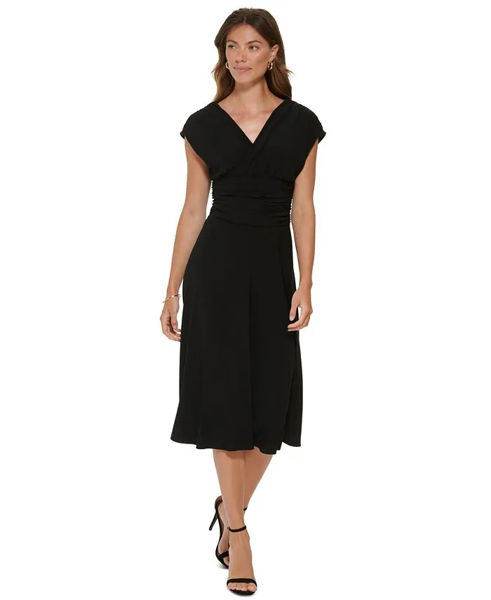 DKNY Women's Ruched V-Neck Midi Dress Black Size Large sold by Ruumur