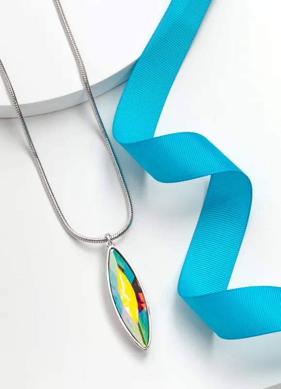 Silvertone Statement Crystal Cat Eye Long Pendant Necklace sold by Ruumur