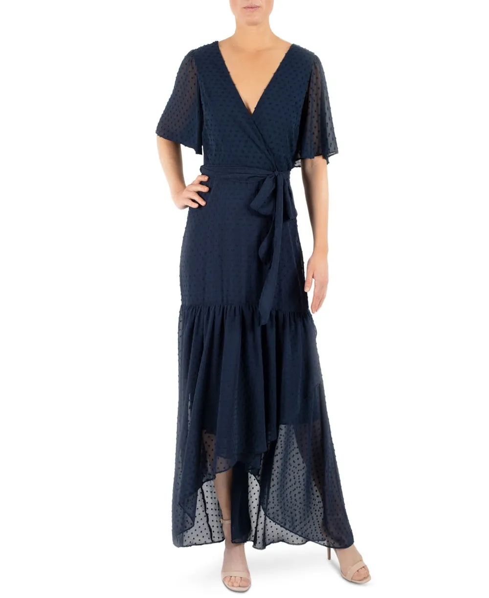 Donna Ricco Women's Tie Belted Chiffon High Low Maxi Dress Navy Size 2 sold by Ruumur