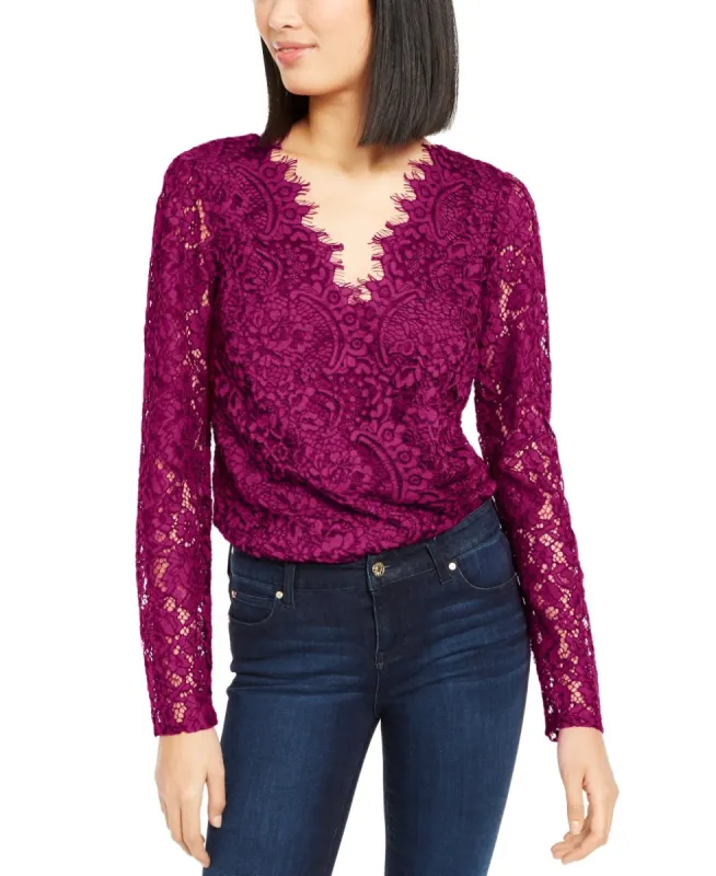 Leyden Women's Lace Snap Closure Long Sleeve V Neck Body Suit Top Pink Size Medium sold by Ruumur