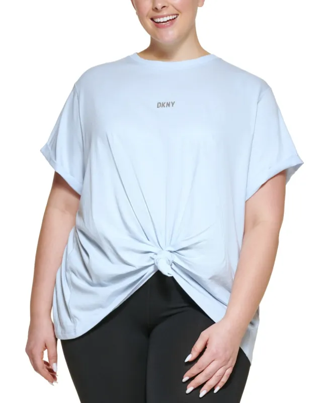 DKNY Women's Knot Front Metallic Logo T-Shirt Blue Size 1X sold by Ruumur