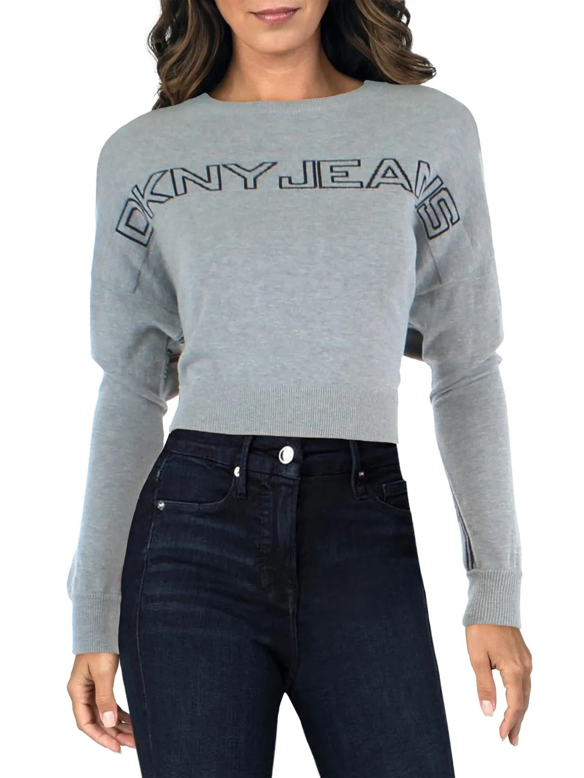 DKNY Women's Ribbed Trim Logo Crop Sweater Gray Size Small sold by Ruumur