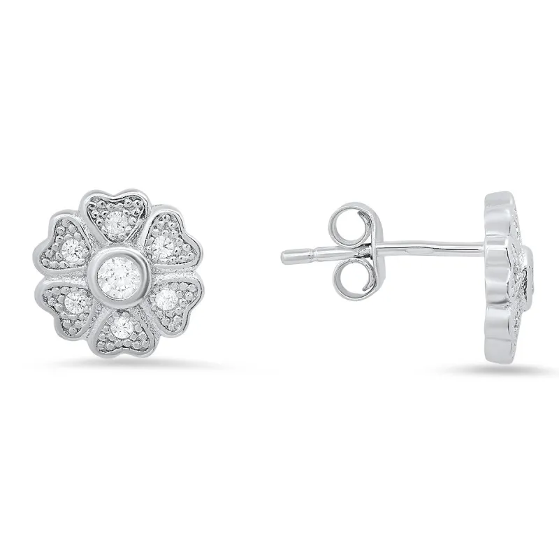 Sterling Silver Petite Heart Clover CZ Stud Earrings sold by Ruumur