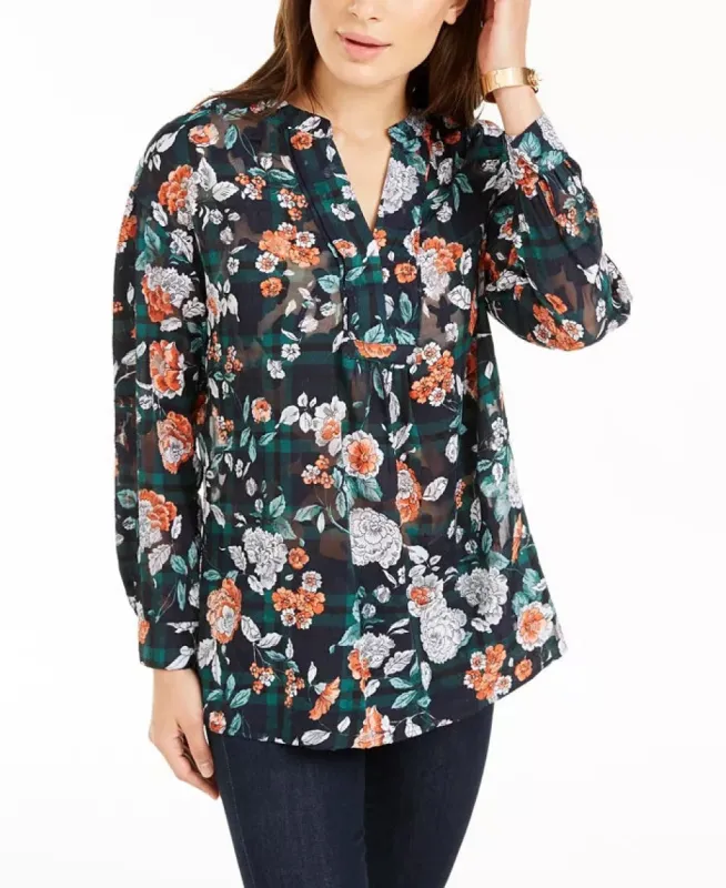 Tommy Hilfiger Women's Printed Medley Burnout Peasant Top Navy Size X-Large sold by Ruumur