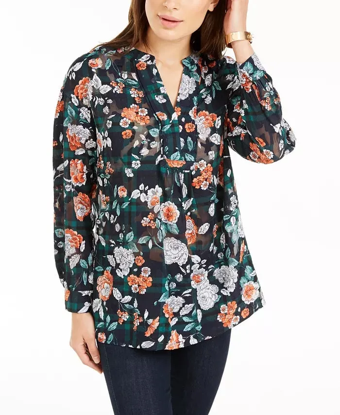 Tommy Hilfiger Women's Printed Medley Burnout Peasant Top Navy Size X-Large sold by Ruumur