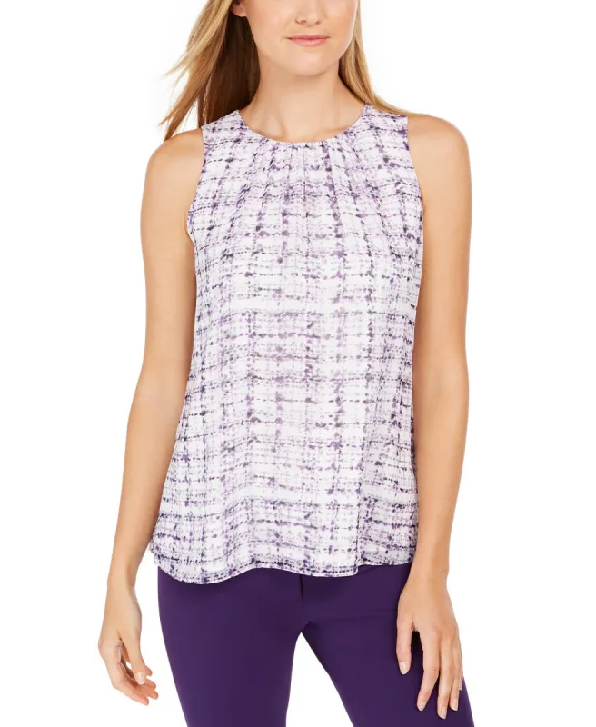 Calvin Klein Women's Sleeveless Printed Pleat-Neck Top Purple Size Large sold by Ruumur