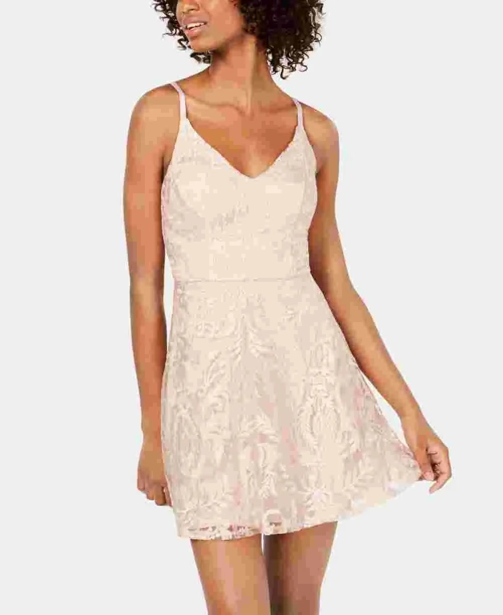 Speechless Women's Beige Short Length Floral Spaghetti Strap V Neck Micro Mini Trapeze Evening Dress Beige Size 9 sold by Ruumur