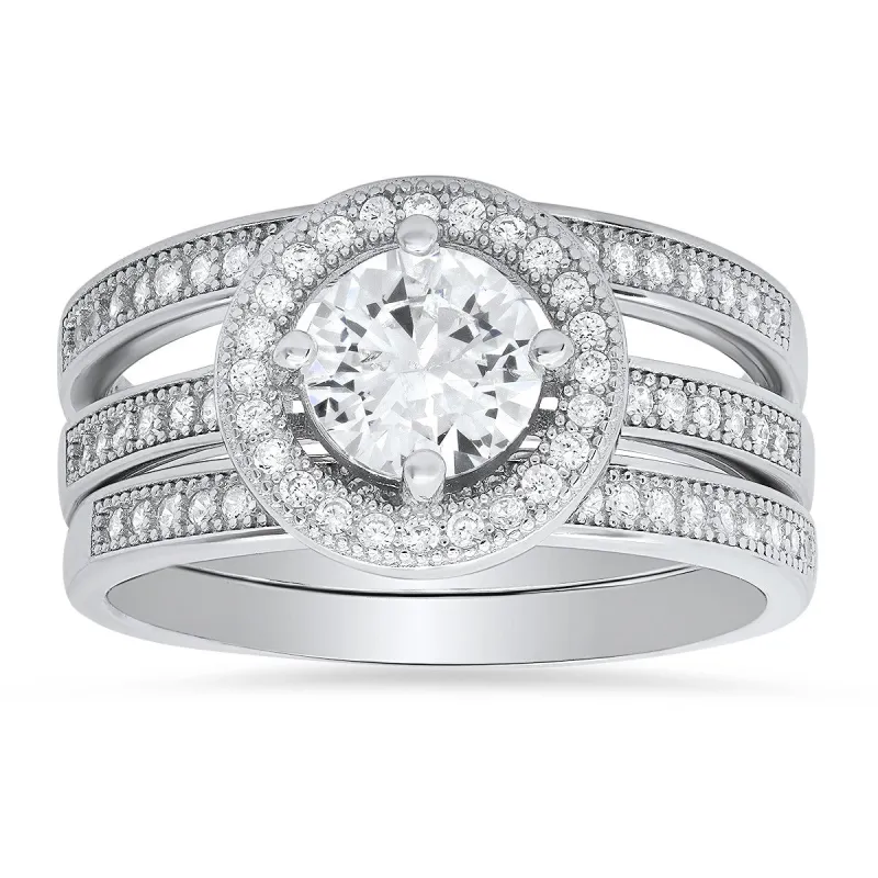 Sterling Silver Round CZ Halo 3pc Stackable Ring Set sold by Ruumur