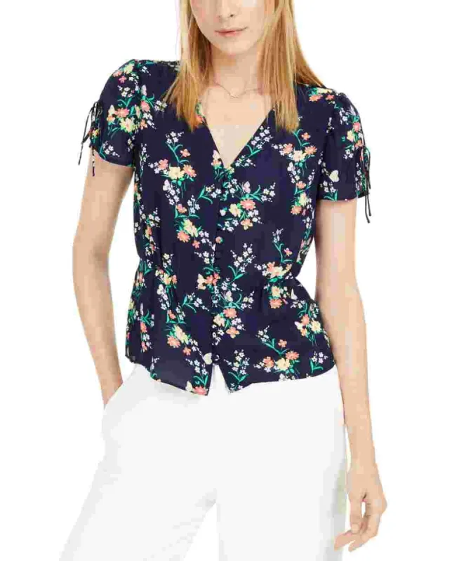 Maison Jules Women's Floral-Print Split-Sleeve Top Navy Size Large sold by Ruumur