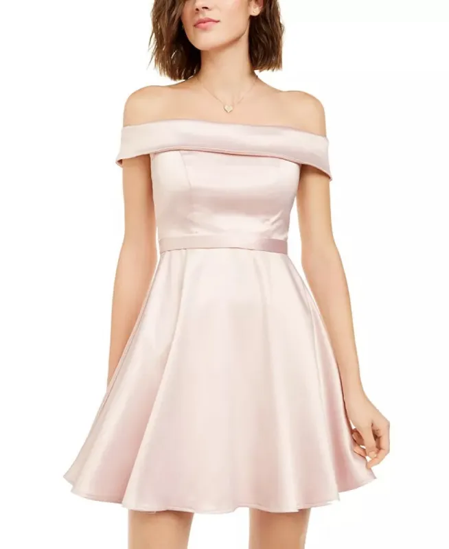 Sequin Hearts Women's Pink Belted Zippered Short Sleeve Off Shoulder Mini Fit + Flare Cocktail Dress Pink Size 11 sold by Ruumur