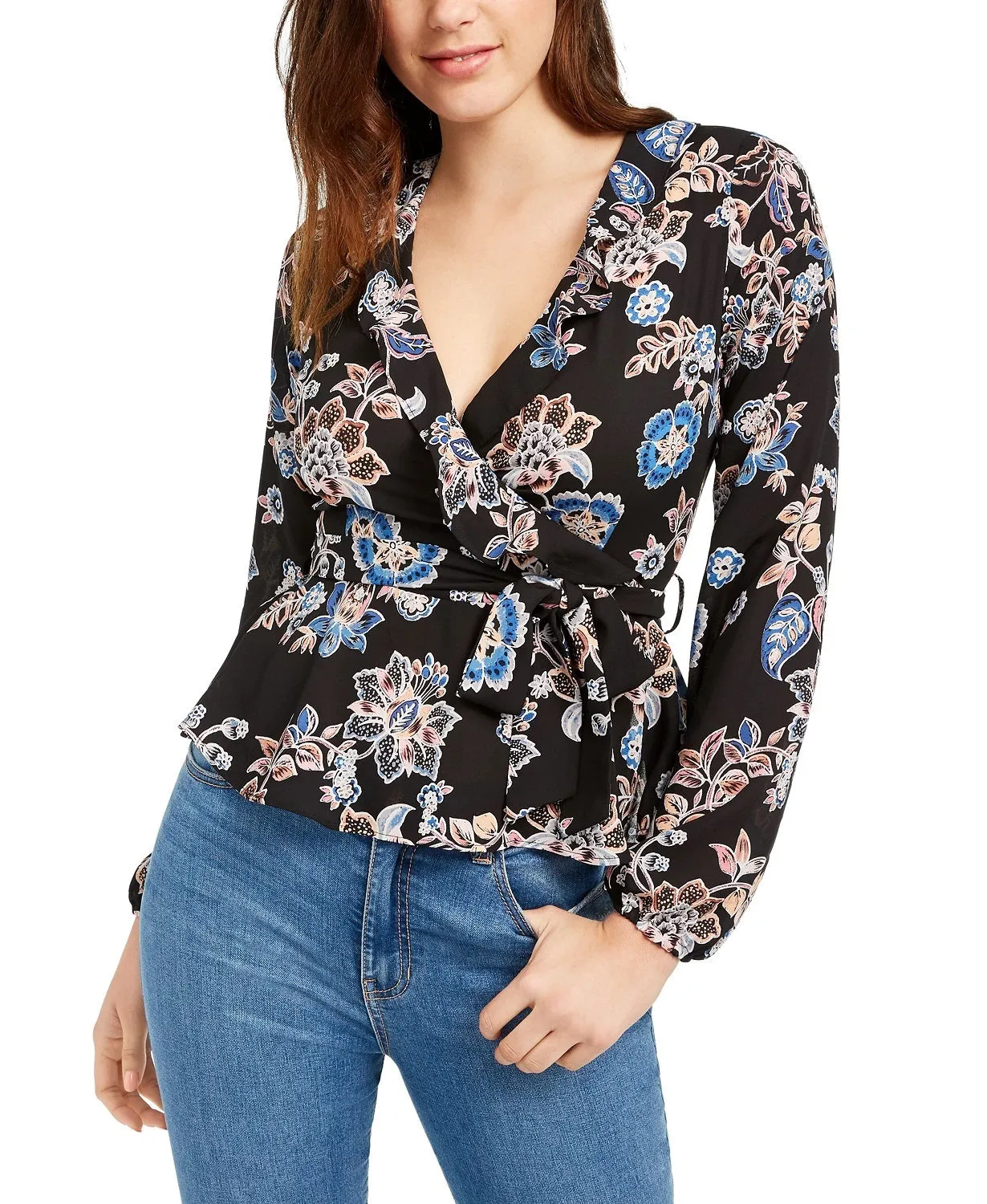 Q & A Women's Los Angeles Floral Long Sleeve V Neck Top Black Size Small sold by Ruumur
