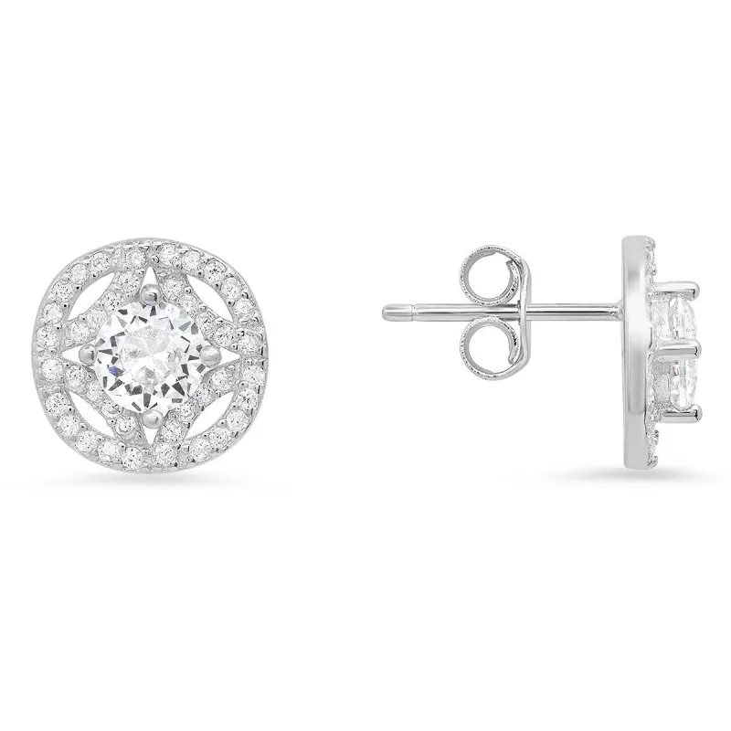 Sterling Silver Vintage Halo CZ Stud Earrings sold by Ruumur