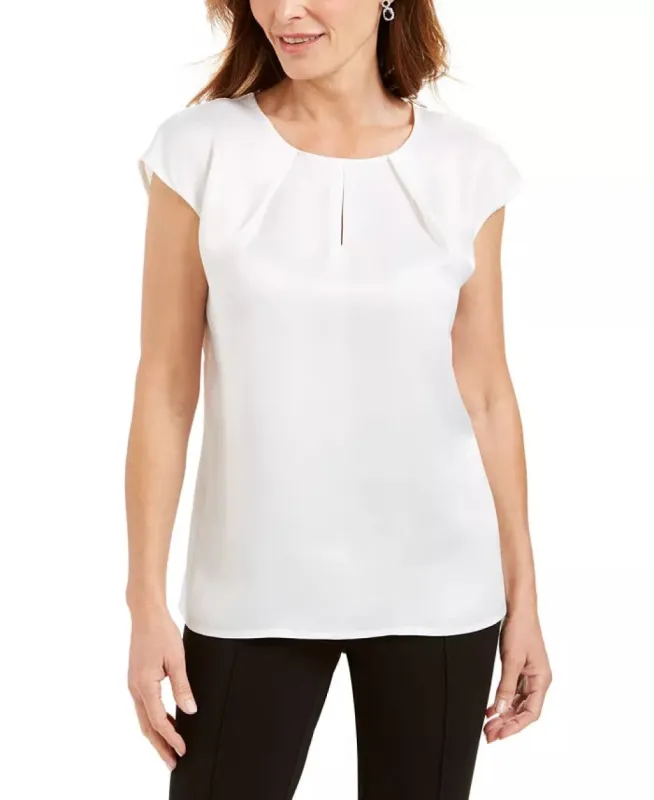Kasper Women's Petite Pleated-Neck Keyhole Blouse White Size PS sold by Ruumur