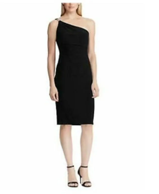 Ralph Lauren Women's Embellished Sleeveless Asymmetrical Neckline Below The Knee Body Con Cocktail Dress Black Size 14 sold by Ruumur