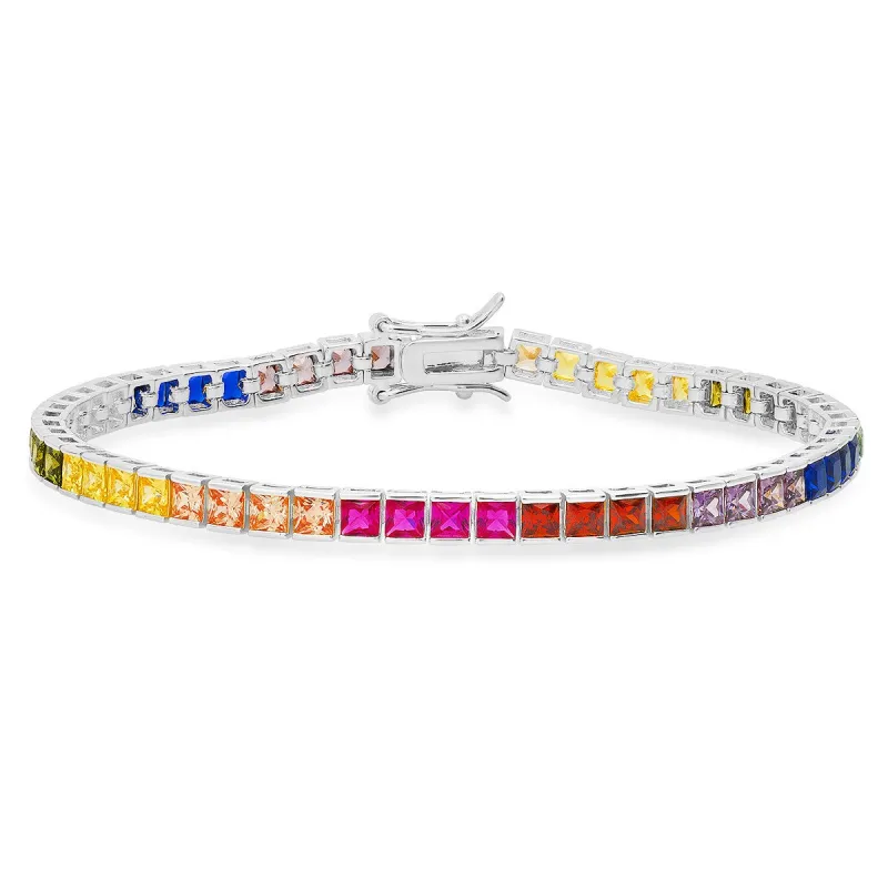 Sterling Silver 7.25" Multi-color Princess-cut CZ Tennis Bracelet sold by Ruumur
