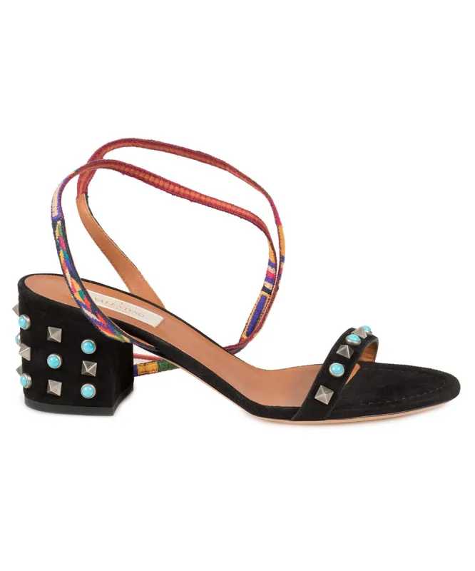 Valentino Black Suede Multicolored Rockstud Sandals sold by Ruumur