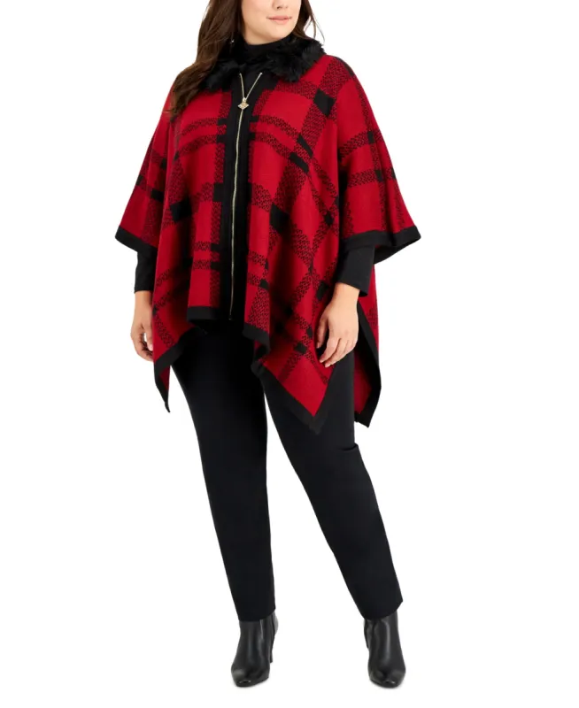 Anne Klein Women's Faux Fur Trim Plaid Zip Up Poncho Top Red Size 2X-3X sold by Ruumur